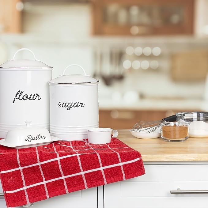 AuldHome Design Enamelware White Sugar Canister; Rustic Distressed Style Staples Storage for Kitchen