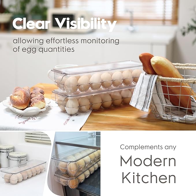 Sea Team Clear Plastic Egg Holder for Fridge, Refrigerator Egg Tray, Stackable Egg Container with Lid, Dispenser for Kitchen Storage and Organizer, Set of 2