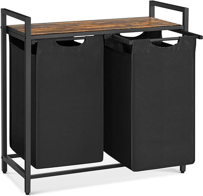 VASAGLE Laundry Hamper, Laundry Basket, Laundry Sorter with 2 Pull-Out and Removable Bags, Shelf, Metal Frame, 2 x 12.1 Gallons (46 L), 28.8 x 13 x 28.4 Inches, Ink Black and Rustic Brown UBLH201B01