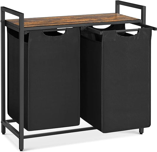 VASAGLE Laundry Hamper, Laundry Basket, Laundry Sorter with 2 Pull-Out and Removable Bags, Shelf, Metal Frame, 2 x 12.1 Gallons (46 L), 28.8 x 13 x 28.4 Inches, Ink Black and Rustic Brown UBLH201B01