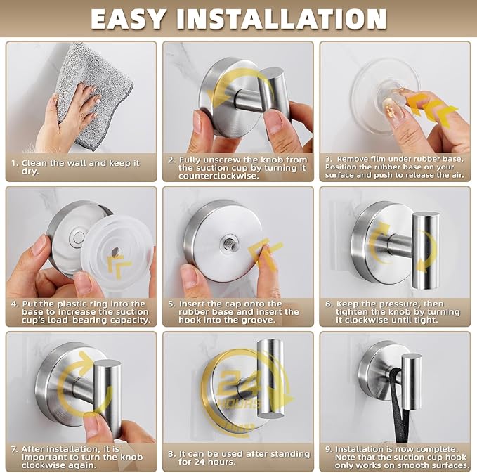 Fenas Suction Cup Hooks for Shower - Bathroom Reusable Hooks for Towels, Robes & Loofah - No-Drill Mounting on Kitchen,Walls,Metal,Glass,Mirrors,Tile & Smooth Non-Porous Surfaces (4, Brushed Nickel)