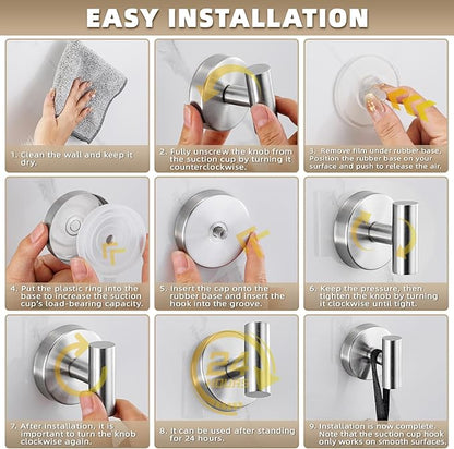 Fenas Suction Cup Hooks for Shower - Bathroom Reusable Hooks for Towels, Robes & Loofah - No-Drill Mounting on Kitchen,Walls,Metal,Glass,Mirrors,Tile & Smooth Non-Porous Surfaces (4, Brushed Nickel)