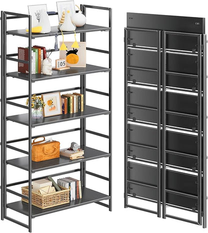 4NM No Assembly 5 Tiers Collapsible Book Shelves, 51.2" H Folding Bookshelf Bookcase Open Industrial Foldable Shelves for Bedroom, Living Room, Home Office - All Black