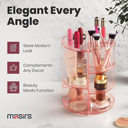 Masirs 360 Rotating Makeup Organizer - Adjustable Shelf Height and Fully Rotatable - The Perfect Round Spinning Cosmetic Organizer for Bedroom Dresser or Vanity Countertop Storage (Pink)