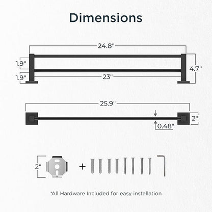 FORIOUS Black Double Towel Bar 24 Inch, Double Towel Racks for Bathroom Wall, Heavy Duty SUS304 Stainless Steel Square Dual Towel Bar Wall Mount, Matte Black