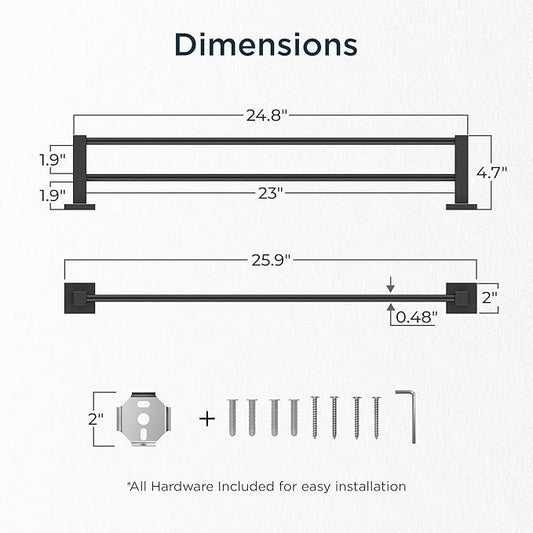 FORIOUS Black Double Towel Bar 24 Inch, Double Towel Racks for Bathroom Wall, Heavy Duty SUS304 Stainless Steel Square Dual Towel Bar Wall Mount, Matte Black