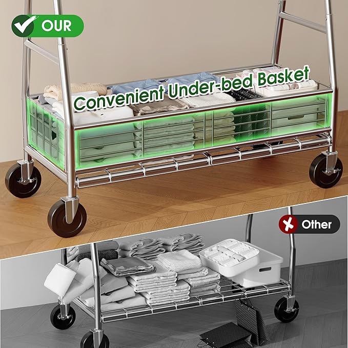 Raybee Heavy Duty Clothes Rack 630LBS, Double Rods Clothing Rack with Storage Basket, Portable Garment Rack for Heavy Clothes, Extendable & Adjustable, Bedroom, Closet, Commercial
