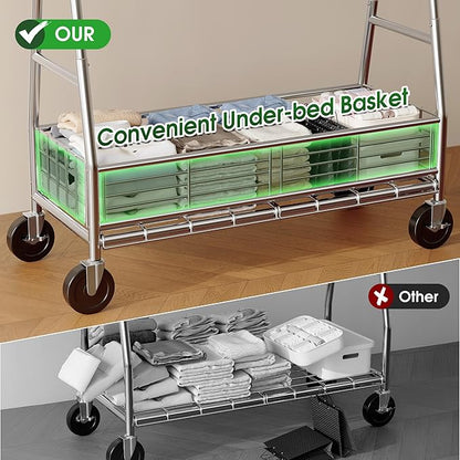 Raybee Heavy Duty Clothes Rack 630LBS, Double Rods Clothing Rack with Storage Basket, Portable Garment Rack for Heavy Clothes, Extendable & Adjustable, Bedroom, Closet, Commercial