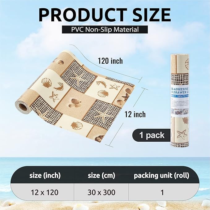 FIFTY FEET 12X120 Inch Shelf Liner for Kitchen Cabinets, PVC Drawer Liner for Dresser Non-Slip Bathroom, Non-Adhesive Cabinet Liner Washable (Beach)(1 Roll)