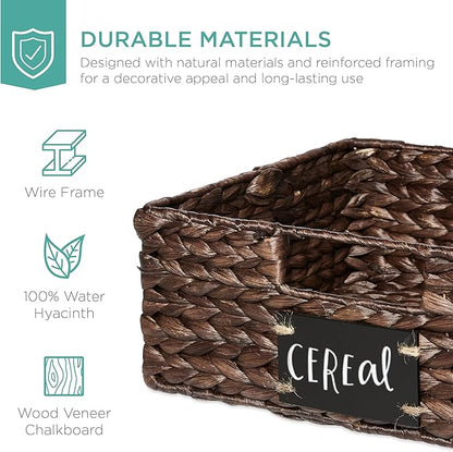 Best Choice Products Set of 4 13x12in Water Hyacinth Pantry Baskets, Woven Organizers w/Chalkboard Label, Chalk Marker - Brown