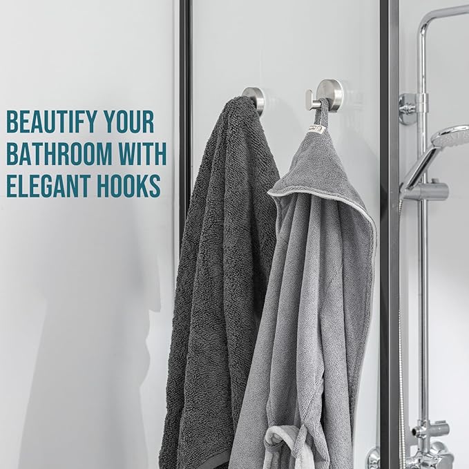 TAILI 304 Stainless Steel Bathroom Suction Hooks for Towel, Bathrobe, Loofah, No Damage Hanging Glass Shower Wall Hook, Patented Strong Suction Cup Holder, Hold Up to 11 Lbs, 2 Pack, Silver