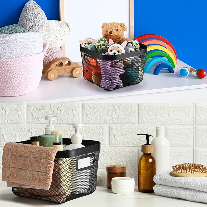 6 Pack Metal Mesh Basket with Hollow Handles Black Wire Storage Bin for Organizing Stackable Metal Fine Mesh Basket for Pantry Bathroom Kitchen Cabinets Shelves