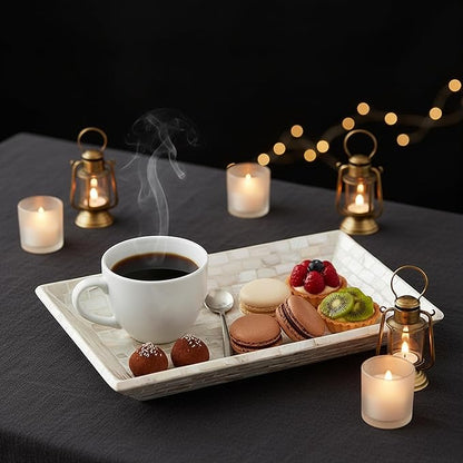 PEMAR 12"x7" Mother of Pearl Decorative Tray with Raised Edge for Coffee Table Perfume Living Room Kitchen Bathroom. Elegant Multipurpose Centerpiece Vanity, Fruit Display Serving Tray & Bowl