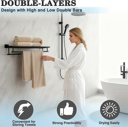 Alise 20 Inch Towel Rack for Bathroom Wall Mount,Black Double Towel Bars with Shelf,SUS 304 Stainless Steel Bathroom Towel Holder Towel Hanger for Bathroom Walls,Matte Black