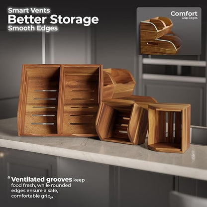 Acacia Wood Pantry Storage Bins - Stackable Open Front Kitchen Baskets for Potato, Onion, Fruit, Vegetable, and Bread Storage, Wood Organizer for Pantry (Warm Acacia)