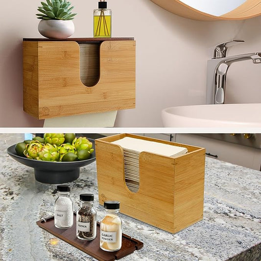 eBun Bamboo Paper Towel Holder for Multifold, Cfold, Trifold, Zfold Towels – Wall Mount or Countertop Paper Hand Dispenser with Removable Lid Tray, Modern Rustic Design for Kitchen, Bathroom & Office