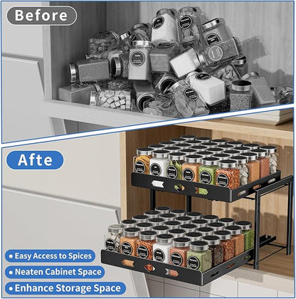 Spice Organization for Cabinet, 2-Tier Cabinet Spice Rack, Height Adjustable Vertical Spice Rack Pull Out for Kitchen, Cabinet, Pantry (14.1''Wx10.8''Dx9.2''H, Metal Black)