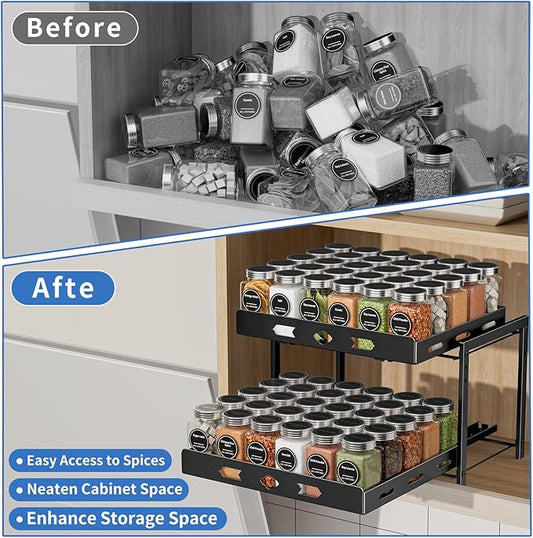 Spice Organization for Cabinet, 2-Tier Cabinet Spice Rack, Height Adjustable Vertical Spice Rack Pull Out for Kitchen, Cabinet, Pantry (14.1''Wx10.8''Dx9.2''H, Metal Black)