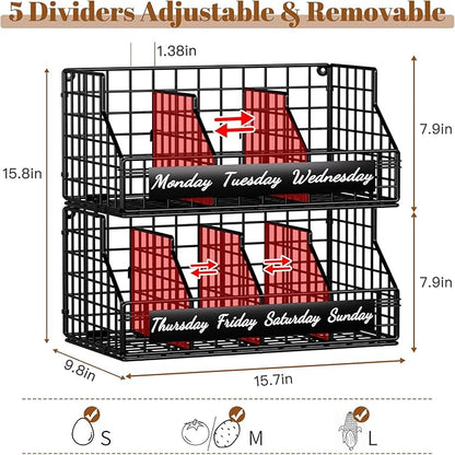 Egg Basket for Countertop, Egg Holder Countertop with 5 Dividers & Labels, 2 Tier Stackable Wire Storage Baskets to Keep Fresh Eggs Organized, Egg Organizer Decorative Rack for Kitchen & Home, Black