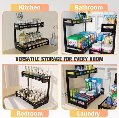 Under Sink Organizer 2 Pack, Metal Large Capacity 2-Tier Sliding Cabinet Storage Rack, Heavy-Duty Rust-Resistant Steel Frame, Holds 50 lbs Each, Adjustable Height 12–16", 14"D x 11"W for Home, Black