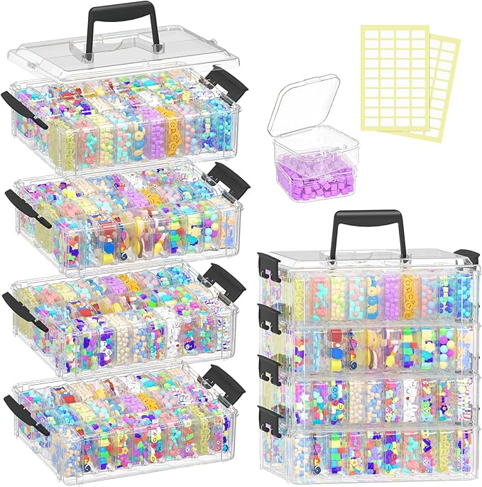 Bead Organizer Box 120 Pcs, 4-Tier Large Capacity Stackable Bead Storage Containers, Portable Plastic Craft Organizers for Jewelry Making, Bracelets, DIY, Nail Art Charms
