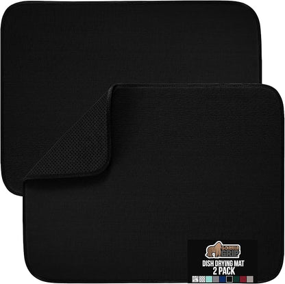 GORILLA GRIP Ultra Water Absorbent Microfiber Dish Drying Mat 2 Pack, Quick Dry Thick Mesh, Slip Resistant Pad for Sink Dishes or Under Rack, Kitchen Counter Accessories, Machine Wash, 18x16, Black