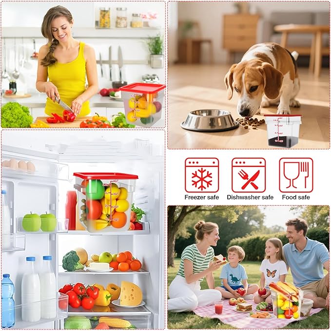WELKOR Airtight Square Food Storage Containers with Lids 4-Pack, Lock-Tight Seal for Flour, Sugar, Cereal, Keep Food Fresh, BPA-Free Stackable Kitchen Canisters with Measurements (Red, 4QT-4PACK)