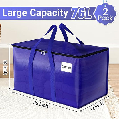 FabSpace Moving Storage Bags, Moving Supplies Packing Boxes for Moving, Camping, College Dorm Room Essentials for Girls, Blue Tote Bags, Heavy-Duty Storage Bins With Lids And Zippers, 76L 2 Pack