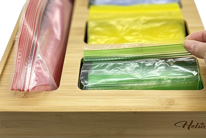HELIA Bamboo Zip Storage Bag Organizer for Kitchen Drawer and Wall Mount | Solid Bamboo Food Storage Bag Holder | Plastic Bag Organizer for Sandwich and Snack Storage