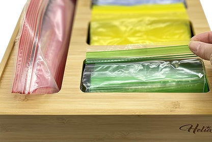 HELIA Bamboo Zip Storage Bag Organizer for Kitchen Drawer and Wall Mount | Solid Bamboo Food Storage Bag Holder | Plastic Bag Organizer for Sandwich and Snack Storage