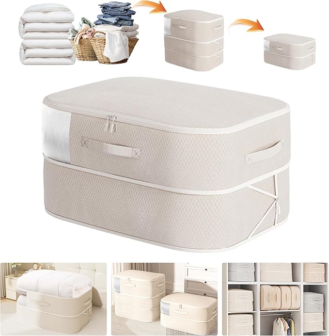 Compression Storage Bags for Bedding, 68L Ultra Space Saving Self Compression Organizer with Transparent Window, Used for Storing Comfortable Blankets,Bedding,Pillows,Clothes (Oatmeal 21x16x11 in)