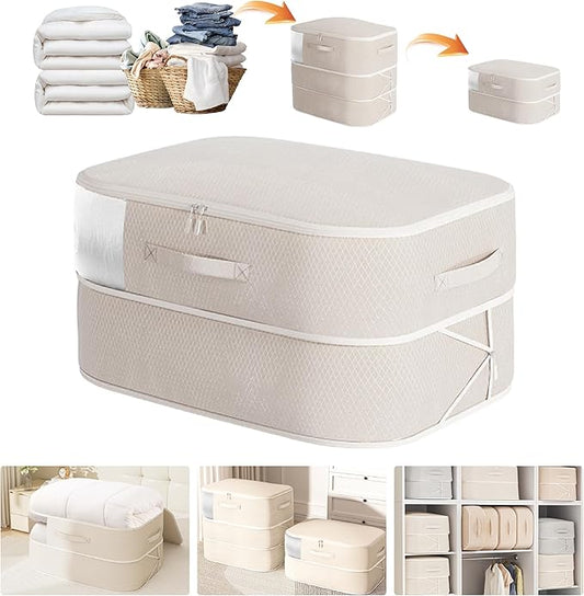 Compression Storage Bags for Bedding, 68L Ultra Space Saving Self Compression Organizer with Transparent Window, Used for Storing Comfortable Blankets,Bedding,Pillows,Clothes (Oatmeal 21x16x11 in)
