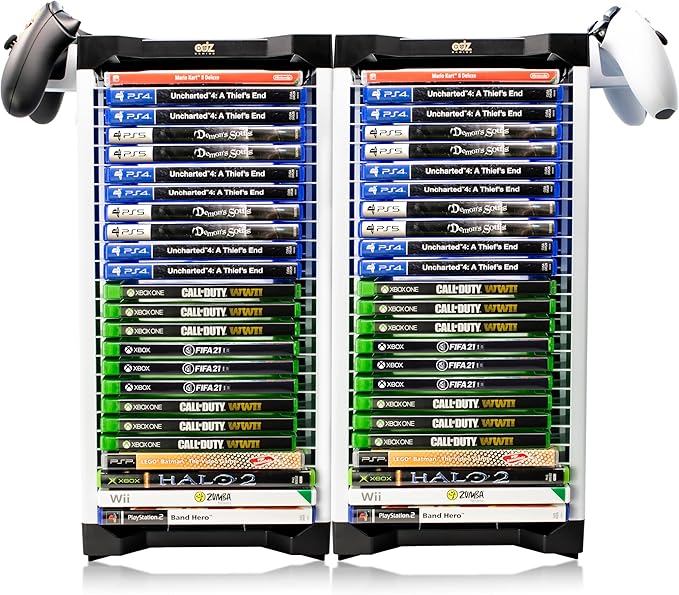 ADZ Universal Game Holder – 46 Game Storage Tower Rack for PS2 PS3 PS4 PS5 PSP Xbox 360 Xbox One Series X Wii Switch Games DVD and Blu-Ray Disks. Includes 2 Controller Mounts (White)