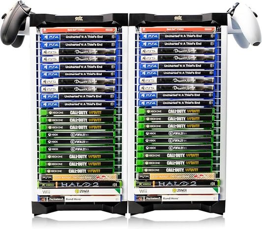 ADZ Universal Game Holder – 46 Game Storage Tower Rack for PS2 PS3 PS4 PS5 PSP Xbox 360 Xbox One Series X Wii Switch Games DVD and Blu-Ray Disks. Includes 2 Controller Mounts (White)