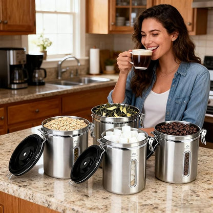 35OZ Airtight Coffee Canister with Lid - 304 Stainless Steel Kitchen Food Storage Container with Window, Date Tracker & Spoon, Suitable for Coffee Beans, Ground Coffee, Tea & Sugar