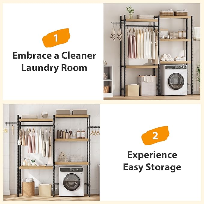 IDEALHOUSE 30" Adjustable Washer Dryer Shelf, 5-Tier Heavy Duty Laundry Organizer with Shelf Capacity, Ventilated Double Wood Shelves(Natural & Black)