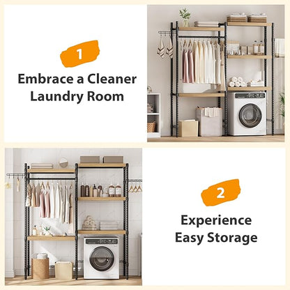IDEALHOUSE 30" Adjustable Washer Dryer Shelf, 5-Tier Heavy Duty Laundry Organizer with Shelf Capacity, Ventilated Double Wood Shelves(Natural & Black)