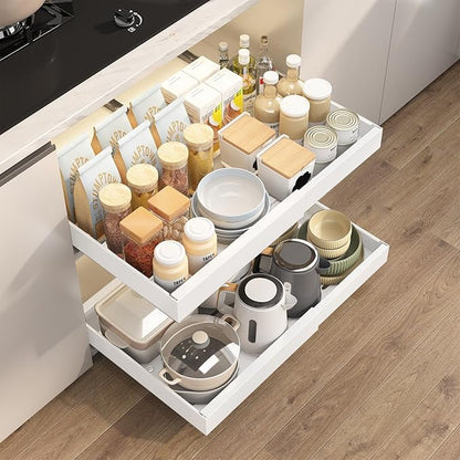 4Pack Expandable Pull-Out Cabinet Organizer 21" Deep Slide Out Drawers, Upgrade 3 Slide Rails, Adjustable Width 12.4”-20.4”, With Screws and Nano Film Adhesive， White