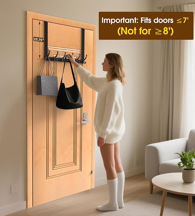 CHAUNCEY HOME Long Over The Door Hooks Hanger with 15.75" Arms for Easier Access by Shorter, Heavy Duty Door Hanger for Coat, F16U, Fits Standard 1 3/8'' Doors, Towel Racks for Bathroom, Black