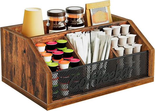 Coffee Pod Organizer, Wooden Coffee Bar Organizer for Countertop, Versatile Pod Holder with Dividers, Holds Syrup, Cups, Tea Bags, Easy Assembly, Rustic Brown KH11BR