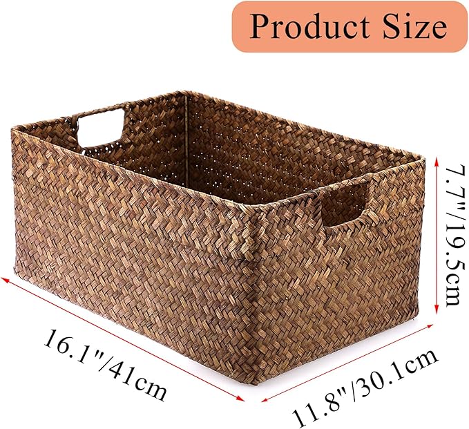 Hipiwe Seagrass Storage Baskets Bin for Shelf Handwoven Wicker Baskets Built-in Handles Rectangular Closet Bedroom Organizer Box Multipurpose Storage Basket Organizer,16.1"L x11.8"W x7.7"H