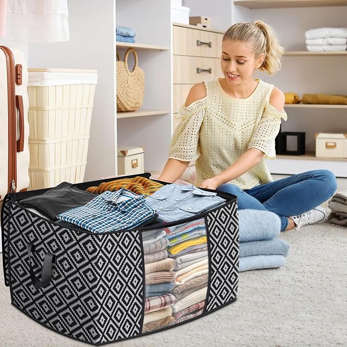StorageTastic Direct 100L, 4 Pack, Storage Containers, Large Clothes Storage Bins Foldable Organization and Storage Bags with Reinforced Handle, Clear Window for Bedding, Blankets, Clothing, Black