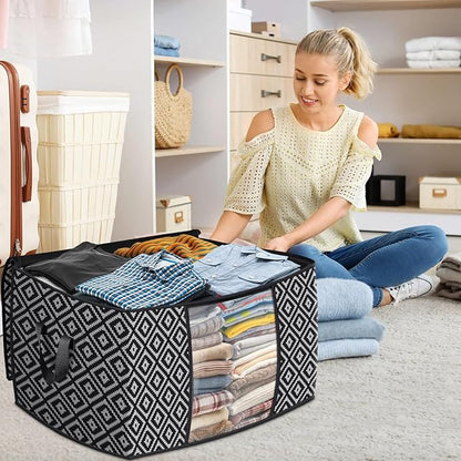 StorageTastic Direct 100L, 4 Pack, Storage Containers, Large Clothes Storage Bins Foldable Organization and Storage Bags with Reinforced Handle, Clear Window for Bedding, Blankets, Clothing, Black
