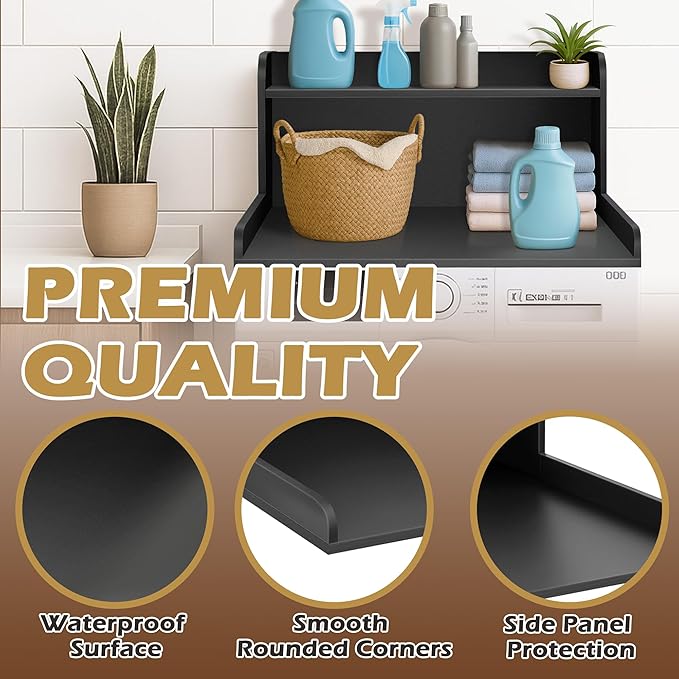 Royxen Washer Dryer Countertop with Shelf,2-Tier Laundry Countertop for Single Washer and Dryer,Soild Wood Core Washer Dryer Topper for Laundry Room Organization (Black) ﻿