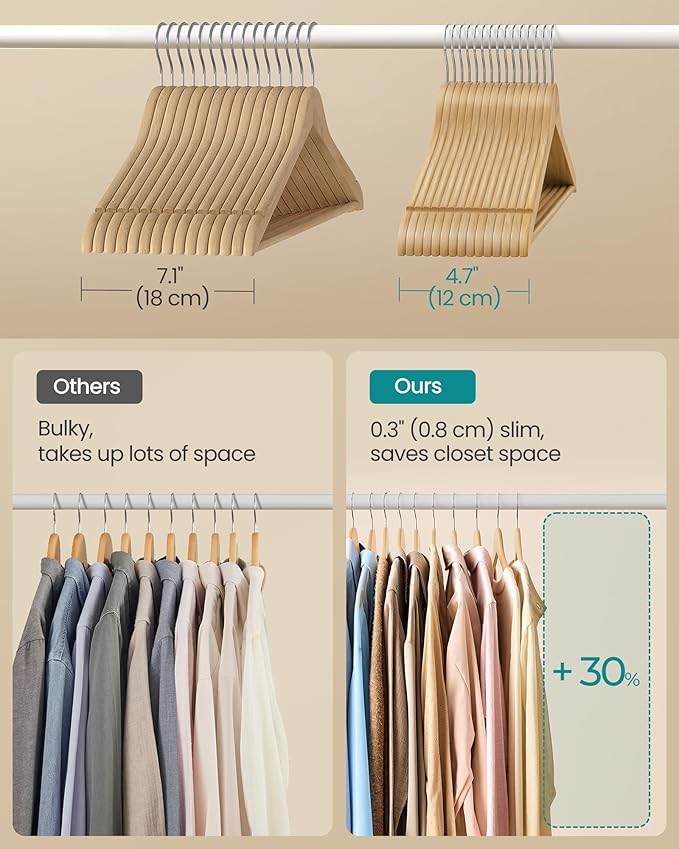SONGMICS Wooden Hangers, Pack of 20, Coat Hangers, Pants Bar, 360° Swivel Hooks, Solid Birch Wood, 0.3-Inch Thick, Space Saving, for Jackets, Shirts, Coats, Natural Beige UCRW040K01