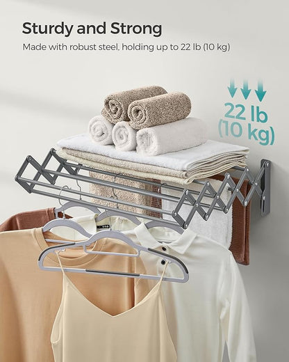 SONGMICS Clothes Drying Rack, Wall-Mounted Drying Rack Clothing, Small Accordion Laundry Rack, 9 Staggered Hanging Rods, Expandable and Retractable, Dove Gray ULLR802G01