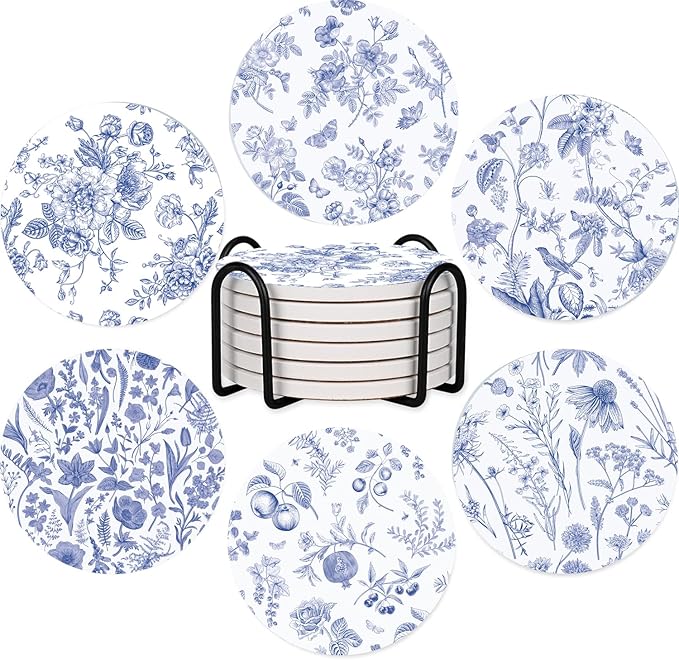 SHIYUE 6 Pack Blue and White Coasters with Holder, Absorbent Ceramic Coasters, Drinks Coffee Table Home Decor Housewarming Gift, 4 Inches(Flower Pattern)