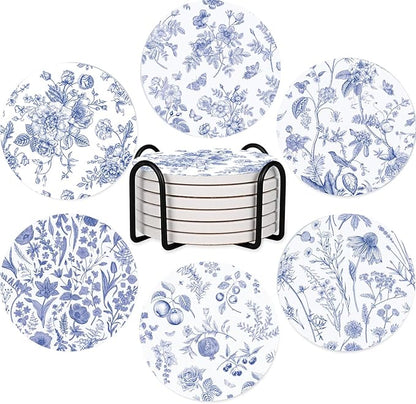 SHIYUE 6 Pack Blue and White Coasters with Holder, Absorbent Ceramic Coasters, Drinks Coffee Table Home Decor Housewarming Gift, 4 Inches(Flower Pattern)