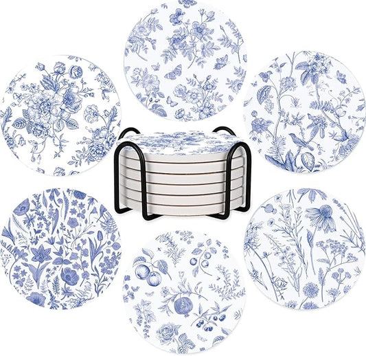 SHIYUE 6 Pack Blue and White Coasters with Holder, Absorbent Ceramic Coasters, Drinks Coffee Table Home Decor Housewarming Gift, 4 Inches(Flower Pattern)