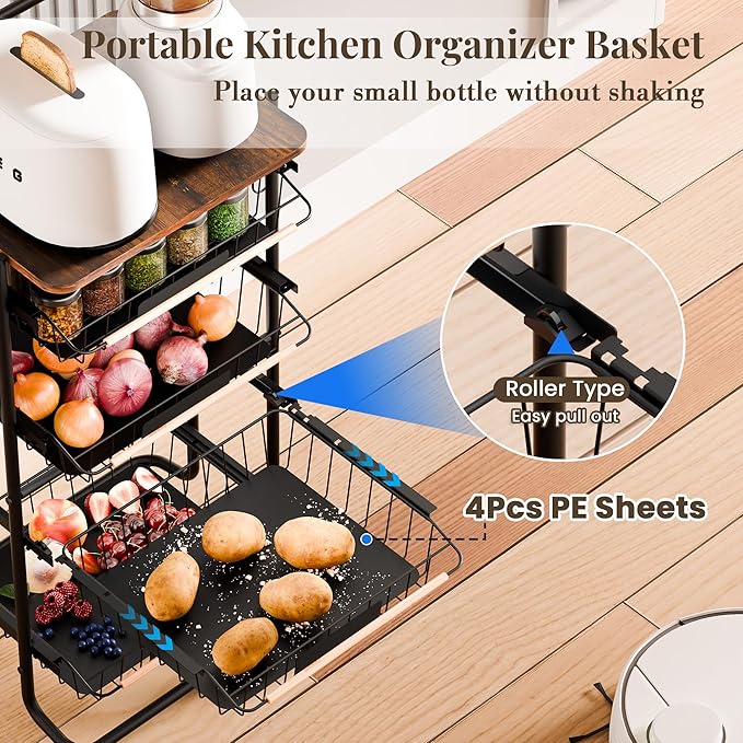 5-Tier Kitchen Organizer and Storage Cart, with Pull-Out Baskets and Wood Top, Rolling Pantry Kitchen Cart, for Fruit Potato Onion Vegetable Snack Produce, Black